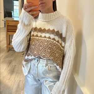 Mock neck cream sweater with brown and grey pattern